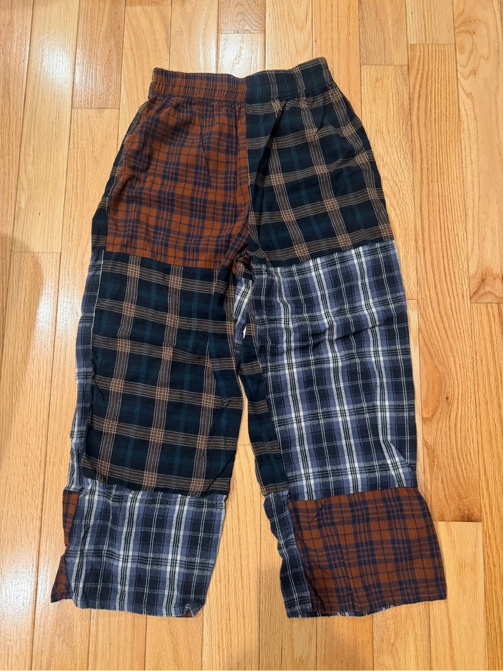 NATURAL LIFE Plaid Patchwork Track Pants in Brown and Blue